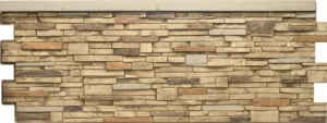 A wainscot panel of tan stacked stones with an integrated ledger in tones of tan, brown, and rust